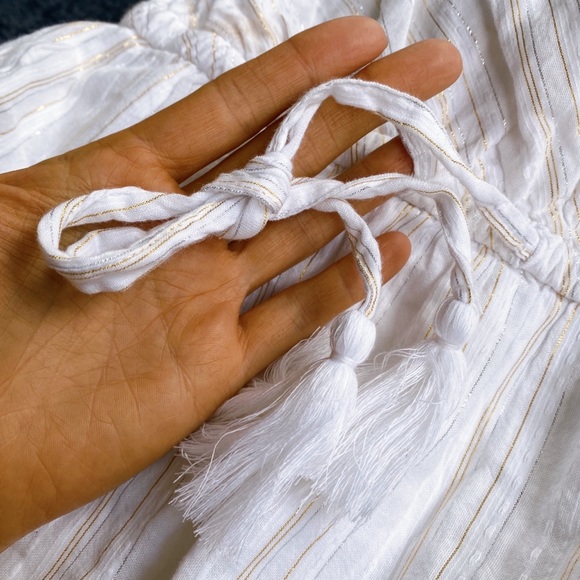 🐚 LOFT WHITE SILVER GOLD THREAD SUMMER RUFFLE MIDI DRESS! - Picture 7 of 13